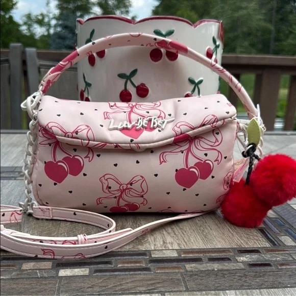 NWT! Betsey Johnson Pink Cherry Hearts Bows Soft Crossbody Bag - Picture 1 of 7